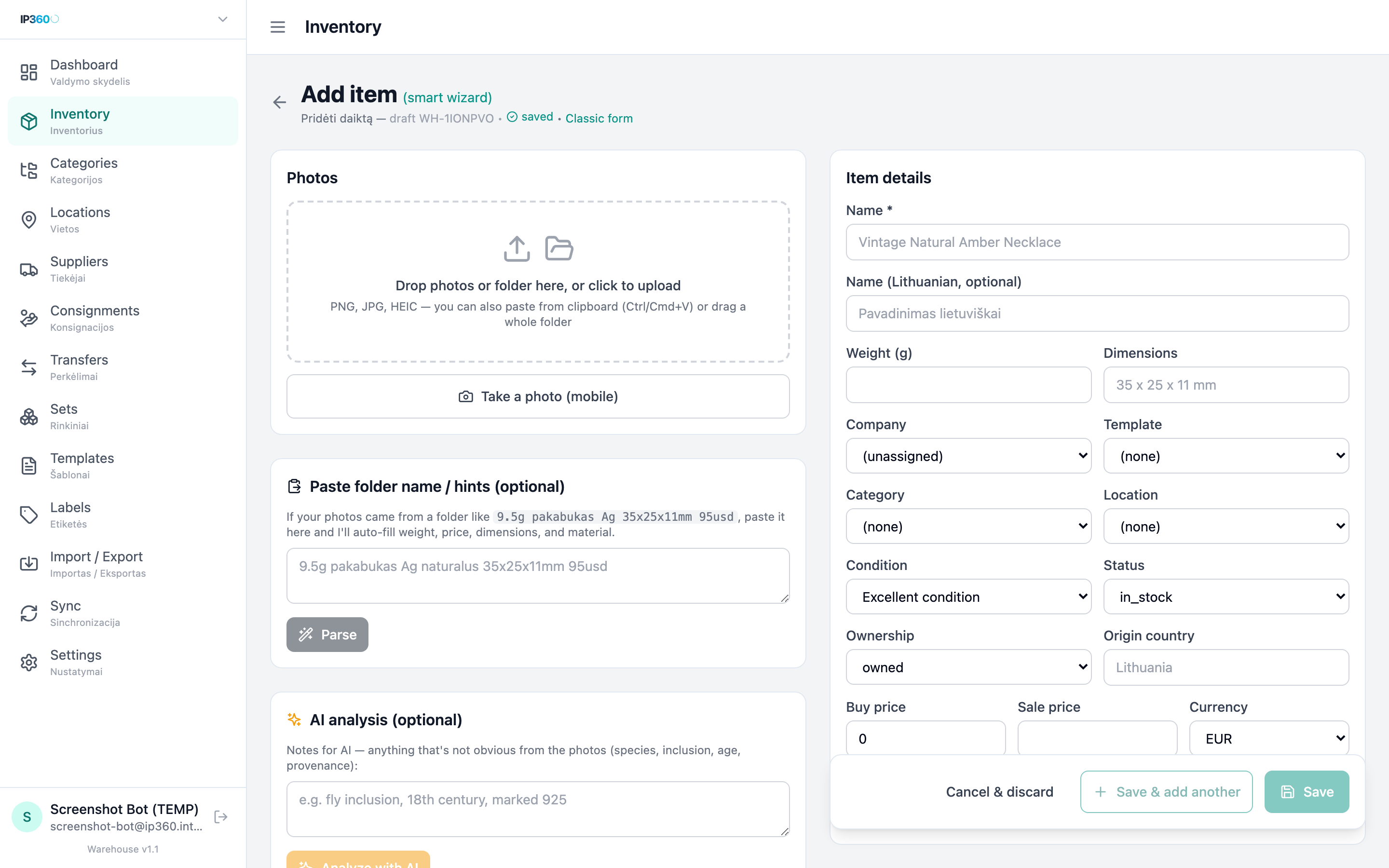 Antrasis žingsnis — Item details kortelė su visais laukais: Name, Weight, Dimensions, Company, Template, Category, Location, Condition, Status, Ownership, Origin country, Buy price, Sale price, Currency.
